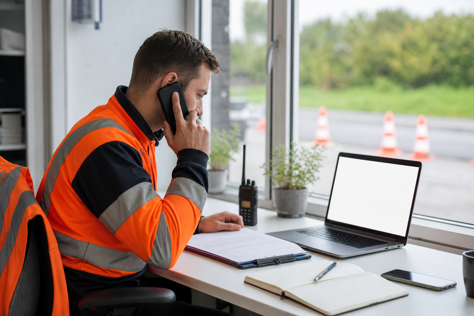 Verkeerscoordinator bespreekt een aanvraag telefonisch aan een planningstafel
