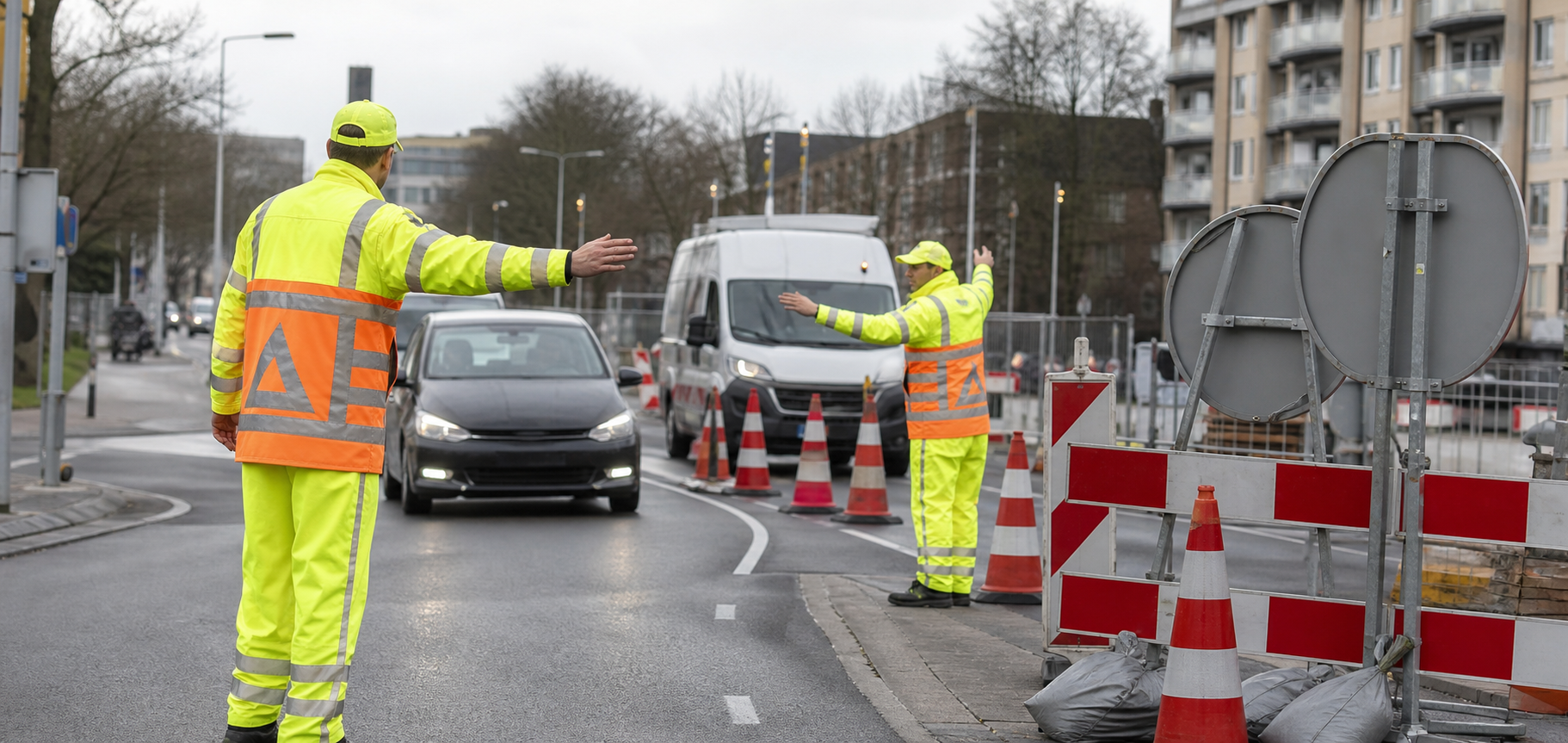 Verkeersregelaars begeleiden verkeer langs tijdelijke verkeersmaatregelen