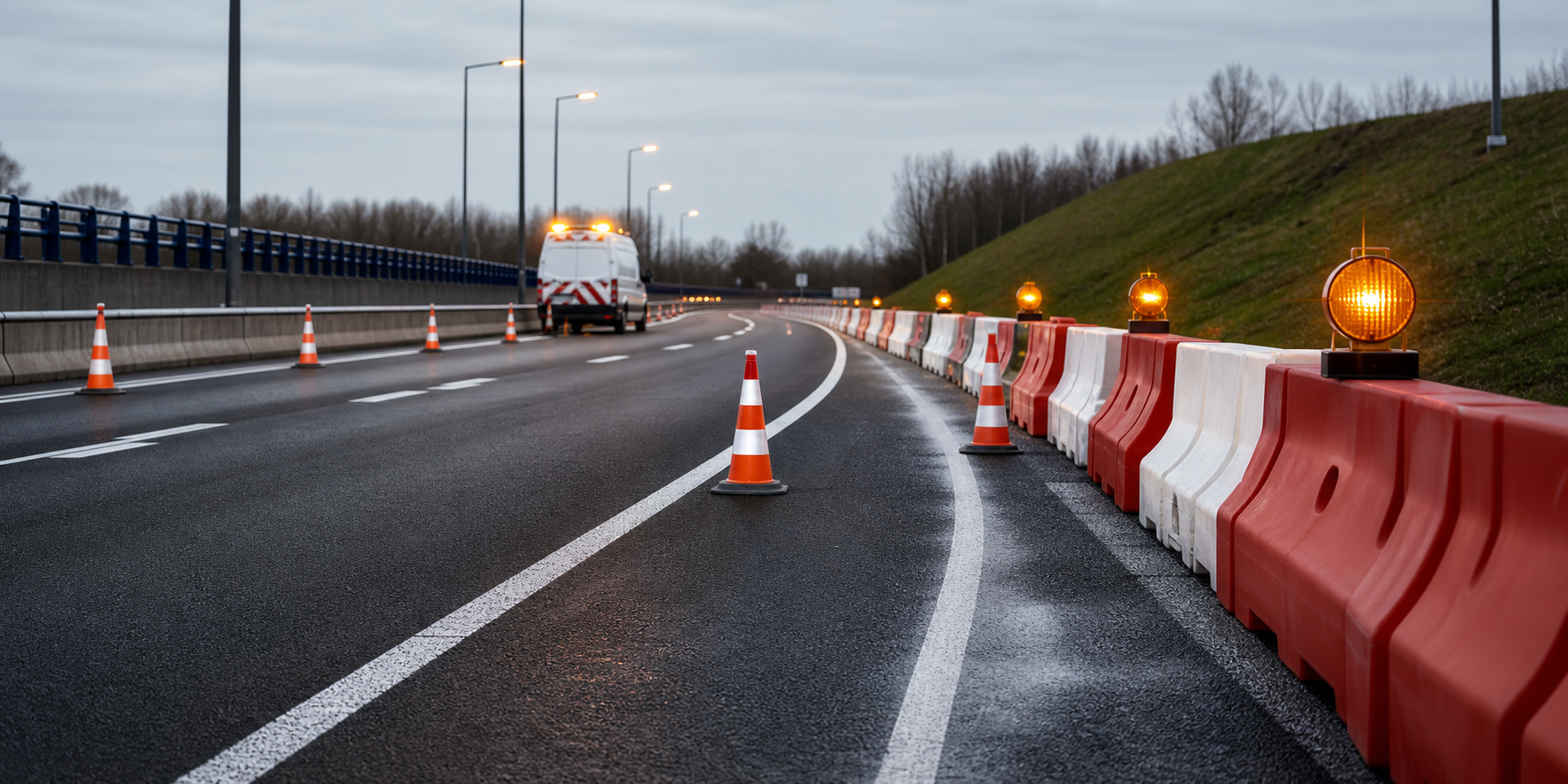 Tijdelijke verkeersmaatregelen met verkeerskegels en waarschuwingslampen