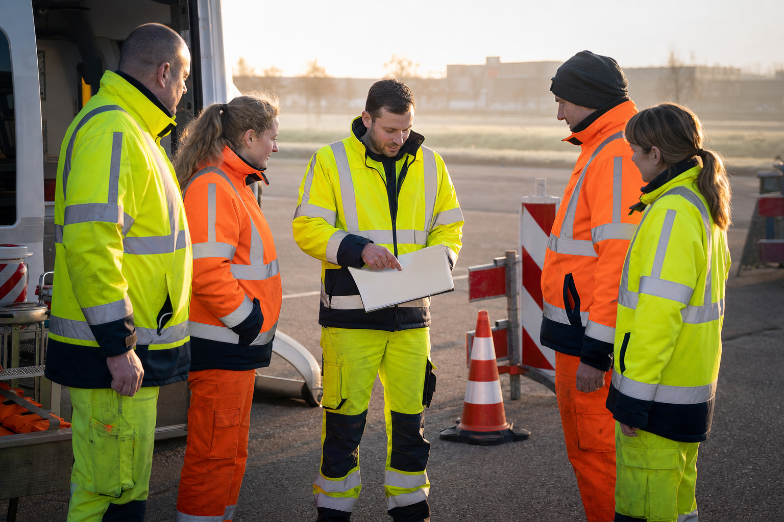 Team van verkeersregelaars bespreekt de inzet voor aanvang van werkzaamheden