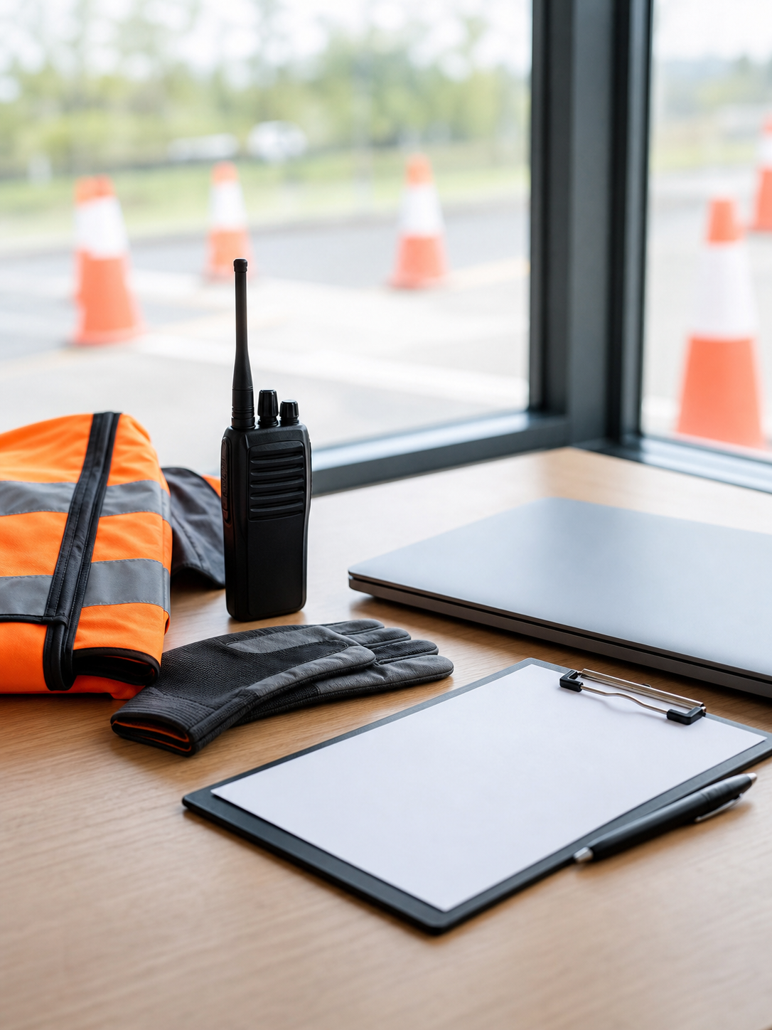 Administratieve werkplek met verkeersregelaar-uitrusting en veiligheidsmateriaal